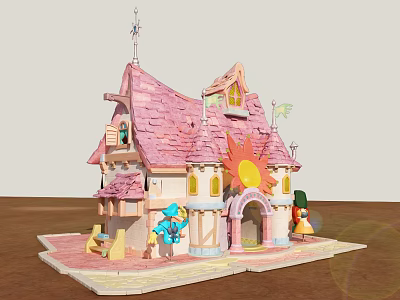 Cartoon Fairy House With Pink Roof Sun Decoration And Blue Yellow Characters 3d model