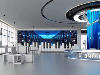 Modern Tech Data Center With Server Racks Blue Lighting And Display Stands 3d model