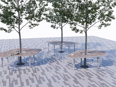 Outdoor Table And Chair Set With Wooden Tables White Chairs Trees On Paved Ground 3d model
