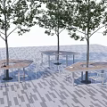 Outdoor Table And Chair Set With Wooden Tables White Chairs Trees On Paved Ground