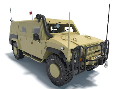 Khaki Military Style Functional Vehicle with Antennas Red Flag Protective Grille and Large Tires 3d model