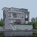 Modern Detached Villa Exterior Three Story Design With Balconies Garage And Waterfront Greenery