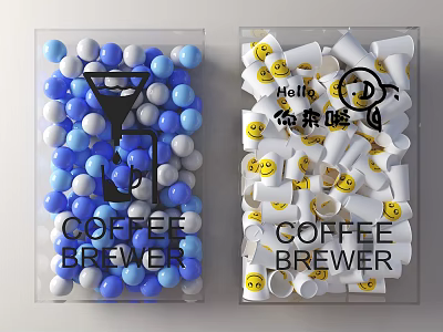 Colorful Coffee Brewer Billboard With Blue White Gray Balls Funnel Smiley Stickers And Hello Text 3d model