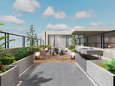 Modern Rooftop Garden Design With Lush Greenery Outdoor Seating And Wooden Terrace 3d model