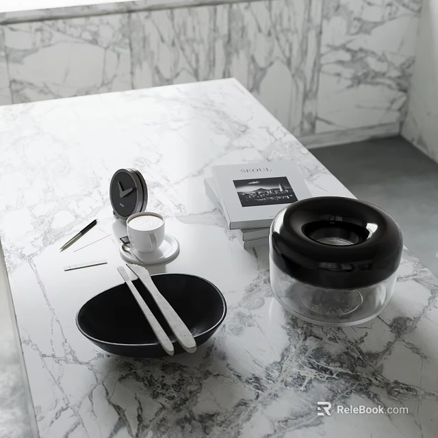 Elegant Decorative Ornament Set with Black Bowl Silver Utensils Transparent Lidded Container on Marble Countertop 3d model 