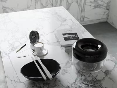 Elegant Decorative Ornament Set with Black Bowl Silver Utensils Transparent Lidded Container on Marble Countertop 3d model