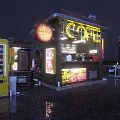 Night Street Store With Neon Lights Glass Window And Wet Ground Illuminated Signboard