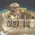 Vibrant Cartoon Seaside Stone Hut Scene With Rocks Hanging Clothes Barrels Wagon Wheel and Shed