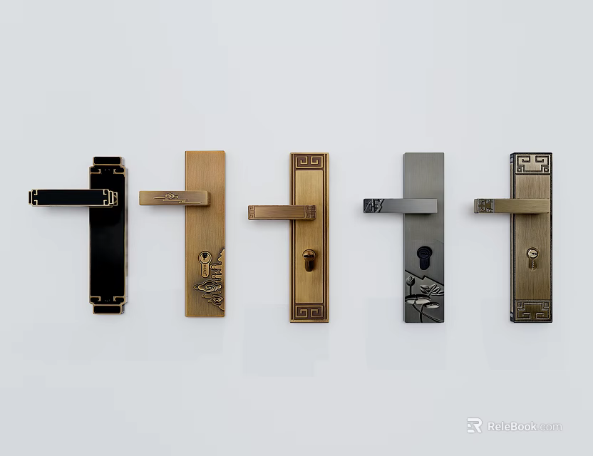 Stylish Door Handles With Various Designs And Decorative Patterns In Black Gold Silver Colors 3d model 