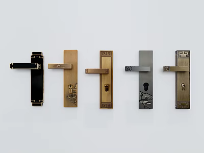 Stylish Door Handles With Various Designs And Decorative Patterns In Black Gold Silver Colors 3d model