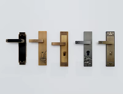 Stylish Door Handles With Various Designs And Decorative Patterns In Black Gold Silver Colors 3d model