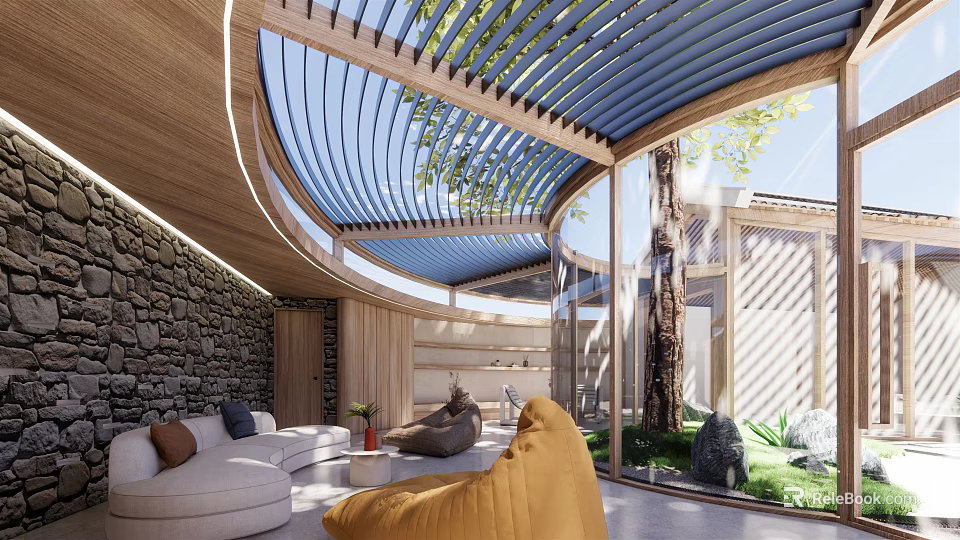 Modern Natural Villa Balcony Design With Wooden Slats Glass Panels Outdoor Furniture And Surrounding Trees 3d model 