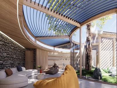 Modern Natural Villa Balcony Design With Wooden Slats Glass Panels Outdoor Furniture And Surrounding Trees 3d model