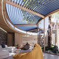 Modern Natural Villa Balcony Design With Wooden Slats Glass Panels Outdoor Furniture And Surrounding Trees