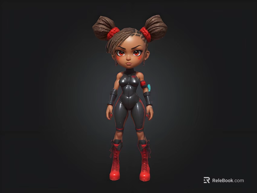 3D Animated Young Girl Character With Pigtails Red Hair Ties Black Bodysuit And Red Boots 3d model 