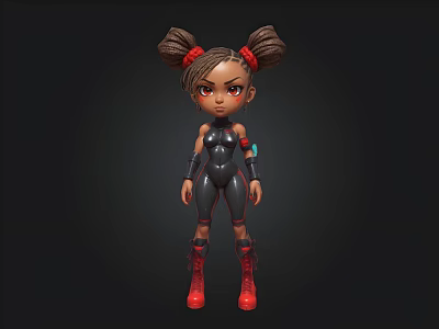 3D Animated Young Girl Character With Pigtails Red Hair Ties Black Bodysuit And Red Boots 3d model