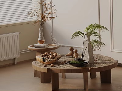 Cozy Wooden Sofa Coffee Table Set With Round Design And Natural Decorative Plants 3d model