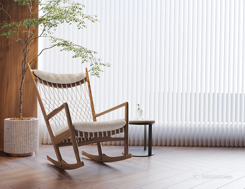 Wooden Rocking Chair With White Cushion And Side Table Vase Green Plant Against White Blinds 3d model 
