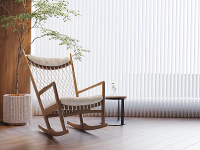 Wooden Rocking Chair With White Cushion And Side Table Vase Green Plant Against White Blinds 3d model