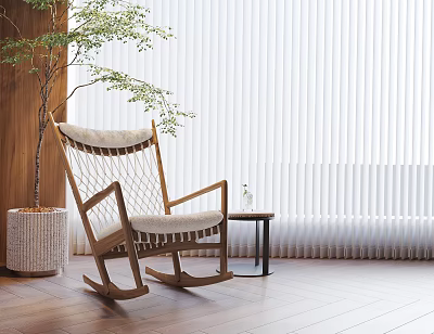 Wooden Rocking Chair With White Cushion And Side Table Vase Green Plant Against White Blinds 3d model