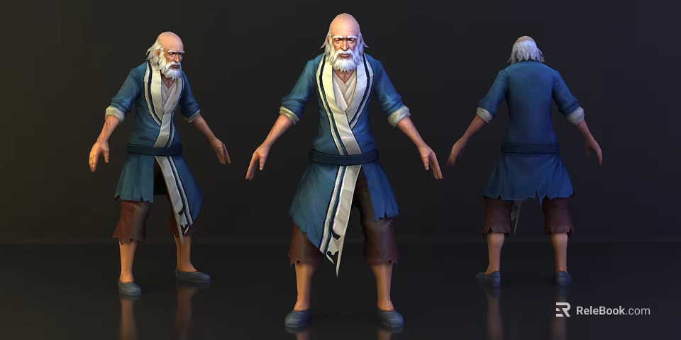Elderly Game and Film Character with White Beard Blue Robe and Brown Pants Three Angles 3d model 