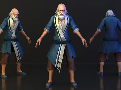 Elderly Game and Film Character with White Beard Blue Robe and Brown Pants Three Angles 3d model