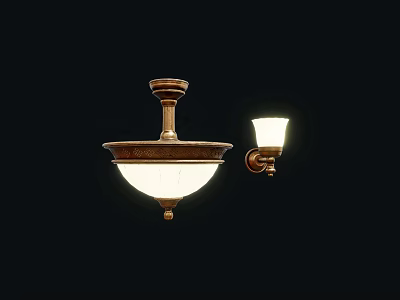 Vintage Brass Ceiling Light With White Glass Shade And Decorative Wall Sconce 3d model