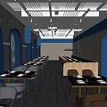 Elegant Modern Restaurant Interior Design With Arched Windows Blue Decor Circular Lights Tables And Chairs