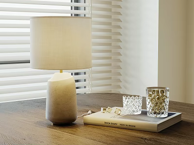 Modern Table Lamp With Linen Shade On Wooden Table Beside Books Glass Decor And Blinds 3d model