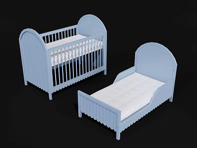 Two Blue Wooden Children's Beds with Curved Headboards and White Mattresses 3d model