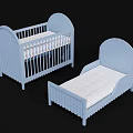 Two Blue Wooden Children's Beds with Curved Headboards and White Mattresses