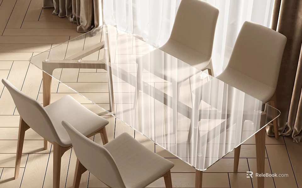 Glass Top Dining Table Set with Beige Chairs and Wooden Legs in Bright Room 3d model 