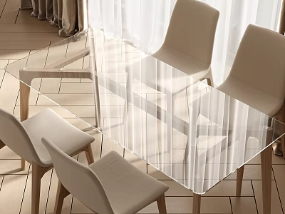 Glass Top Dining Table Set with Beige Chairs and Wooden Legs in Bright Room 3d model