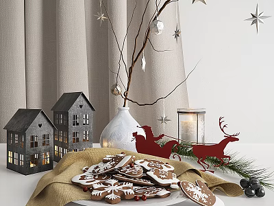 Cozy Festive Setup With Gingerbread Cookies House Lights And Reindeer Decor 3d model