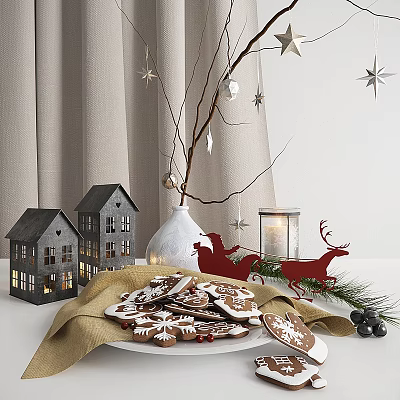 Cozy Festive Setup With Gingerbread Cookies House Lights And Reindeer Decor 3d model
