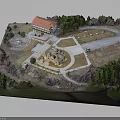 Architectural Building Model With Red Roof Domed Structure Trees Pathways And Lawn Area Design