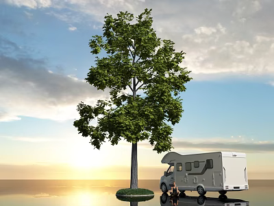 Deciduous Tree With Green Foliage Beside White RV With Sunset Sky Clouds And Water Reflection 3d model