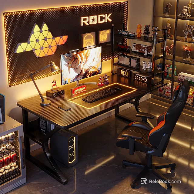 Gaming Desk Setup With Monitor Keyboard Lamp Geometric Decor Shelves And Collectibles 3d model 