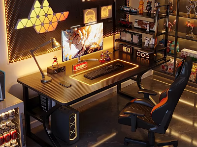 Gaming Desk Setup With Monitor Keyboard Lamp Geometric Decor Shelves And Collectibles 3d model