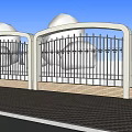 Building Exterior Wall With Arched Frames Black Iron Fence Green Trees And Checkerboard Paved Ground