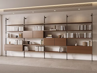 Modern Bookcase With Metal Frame Wooden Shelves Storage Drawers And Decorative Items 3d model