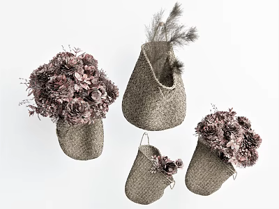 Natural Rustic Handmade Woven Vases Display Purple Decorative Flowers With Feathers 3d model