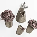 Natural Rustic Handmade Woven Vases Display Purple Decorative Flowers With Feathers