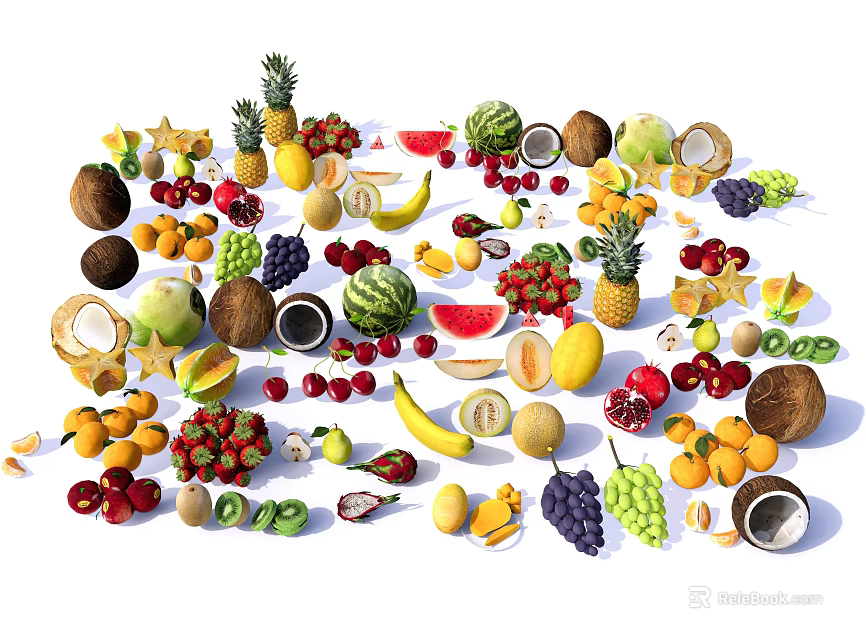 Colorful Assorted Fresh Fruits Display With Various Tropical And Common Types 3d model 