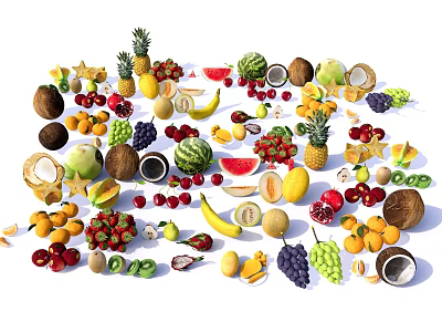 Colorful Assorted Fresh Fruits Display With Various Tropical And Common Types 3d model