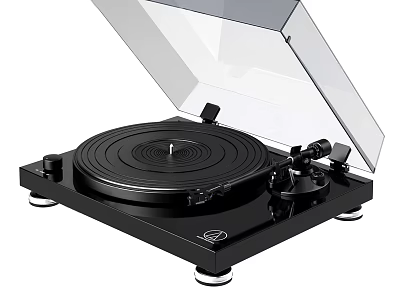 Black Modern Turntable Audio System Featuring Transparent Cover And Sleek Design For Vinyl Playback 3d model