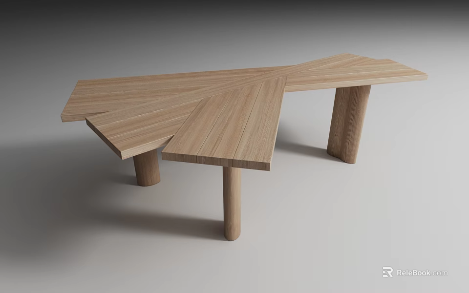 Modern Wooden Desk with Geometric Shape and Multiple Surfaces and Cylindrical Wooden Legs 3d model 