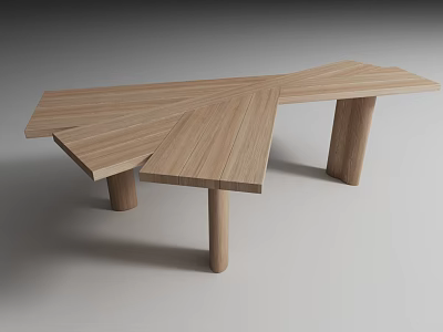 Modern Wooden Desk with Geometric Shape and Multiple Surfaces and Cylindrical Wooden Legs 3d model