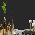 Modern White Office Desk With Green Plant Gold Vases Candles Laptop And Metal Chair