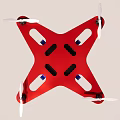 Red Drone Flying in Blue Sky With Four Propellers and Blue Bottom Parts